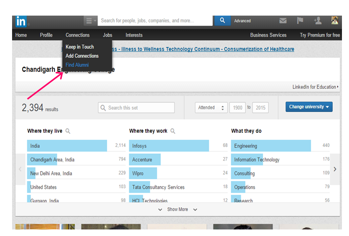 Add connections on LinkedIn by finding alumni